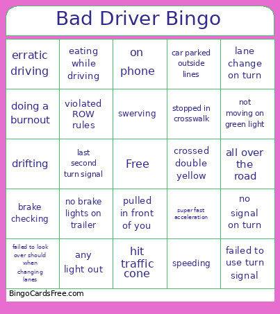 Bad Driver Bingo Card