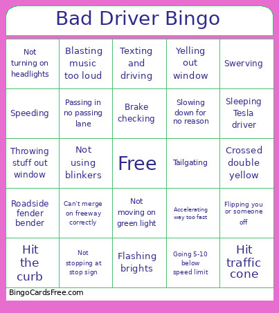 Bad Driver Bingo Card