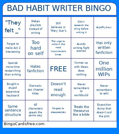 Bad Habit Writer Bingo Card