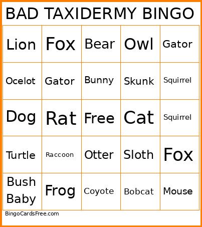 Bad Taxidermy Bingo Card