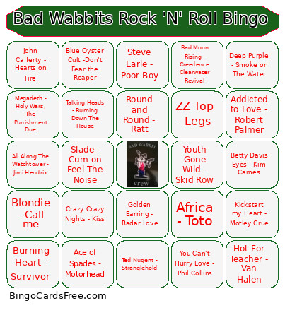 Bad Wabbits Rock 'N' Roll Bingo Card