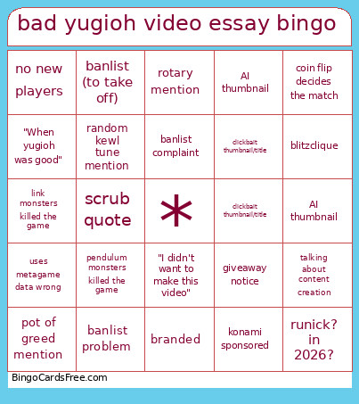 Bad Yugioh Video Essay Bingo Card
