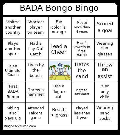 BADA Bongo Bingo Card