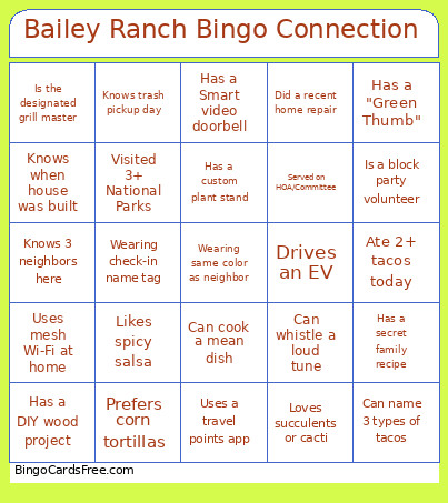 Bailey Ranch Connection Bingo Card