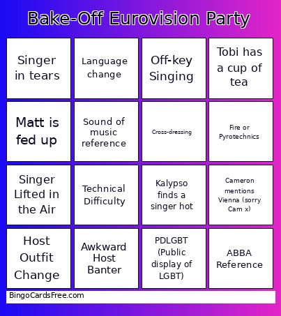 Bake-Off Eurovision Party Bingo Card