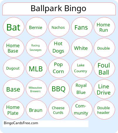 Ballpark Bingo Cards Free Pdf Printable Game, Title: Ballpark Bingo