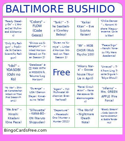 BALTIMORE BUSHIDO  Bingo