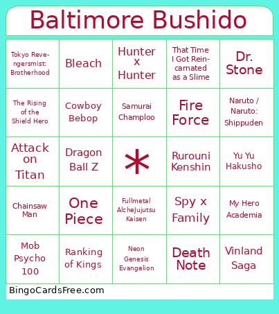 Baltimore Bushido Bingo