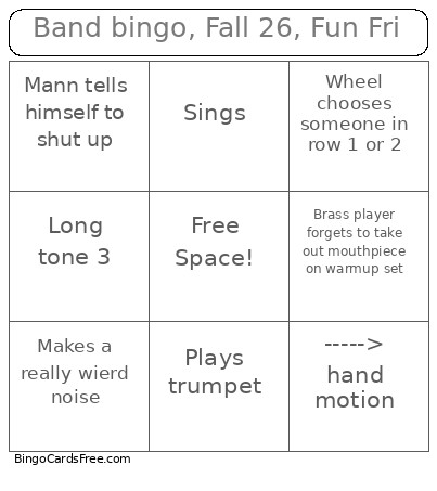 Band , Fall 26, Fun Fri Bingo Card
