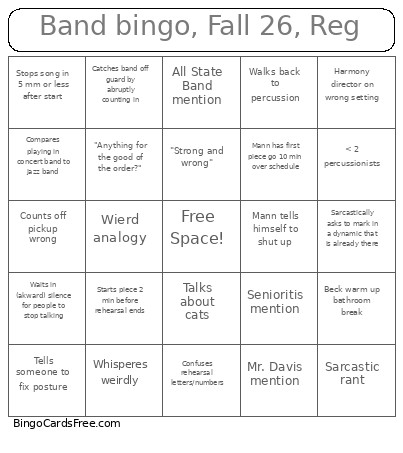 Band , Fall 26, Reg Bingo Card