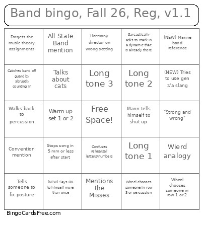 Band , Fall 26, Reg, V1.1 Bingo Card