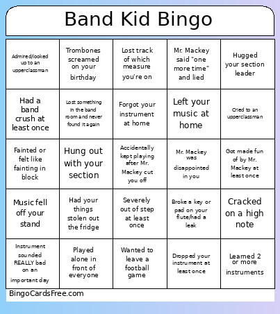 Band Kid Bingo Card