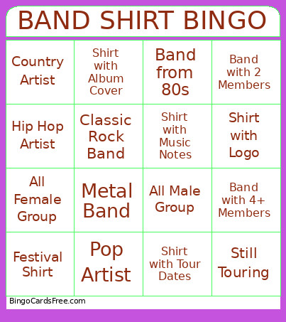 Band Shirt Bingo Card