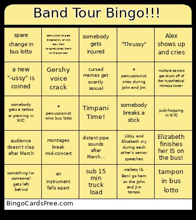 Band Tour !!! Bingo Card