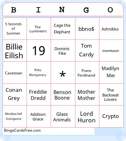 Bands/Artists Bingo Cards Free Pdf Printable Game, Title: BINGO