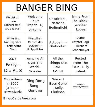 Banger Bingo Card