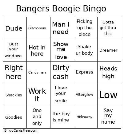 Bangers Boogie Bingo Card