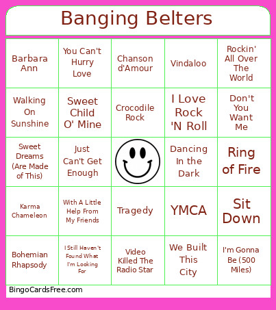 Banging Belters Bingo Card