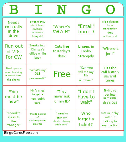 Bankers Bingo Card