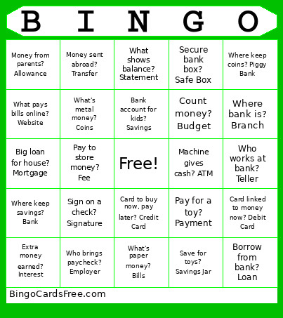 Banking - Kids Quiz Bingo Card