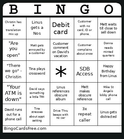 Banks Bingo Card