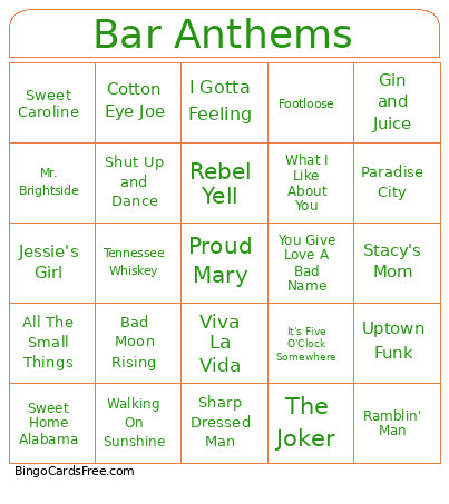 Bar Anthems Bingo Card