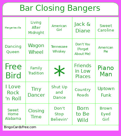 Bar Closing Bangers Bingo Card