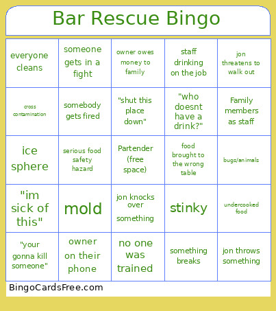 Bar Rescue Bingo Card