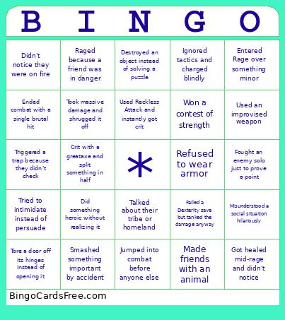 Barbarian D&D Bingo Card