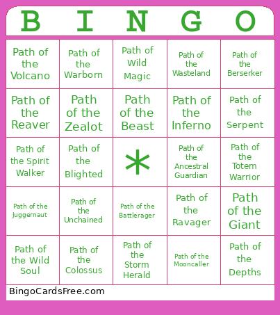 Barbarian Primal Paths Bingo Card