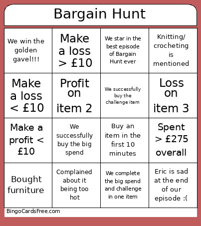 Bargain Hunt Bingo Card