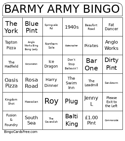 BARMY ARMY Bingo Card