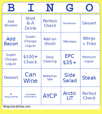 Bartender Bingo Card