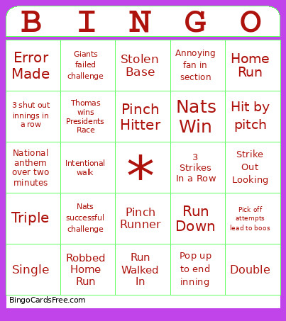 Baseball Bingo Card