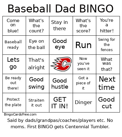 Baseball Dad Bingo Card