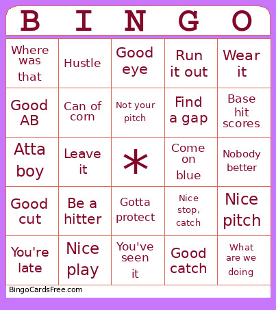 Baseball Sayings Bingo Card
