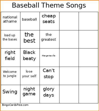 Baseball Theme Songs Bingo Card
