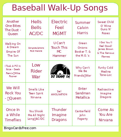 Baseball Walk-Up Songs Bingo Card