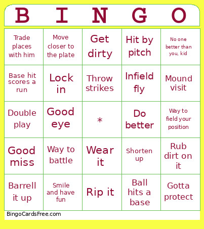 Basebeall Sayings Bingo Card