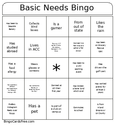 Basic Needs Bingo Card