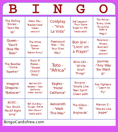 Battle Of The Bands Bingo Card