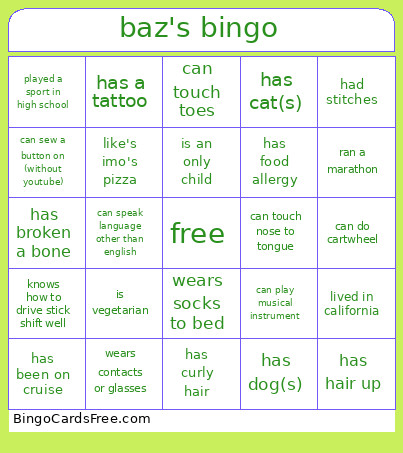 Baz's Bingo Card