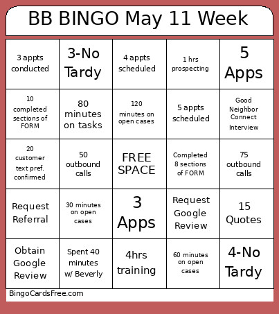 BB May 11 Week Bingo Card