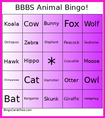 BBBS Animal ! Bingo Card
