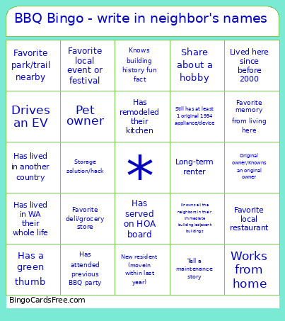 BBQ - Write In Neighbor's Names Bingo Card