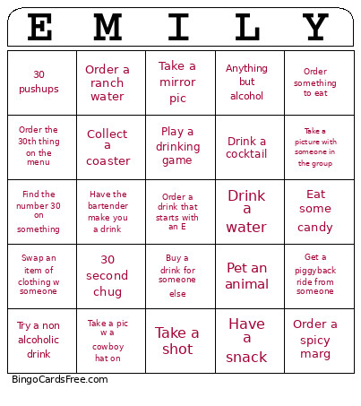 Bday Bar Crawl Bingo Card