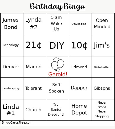 Bday Test Bingo Card