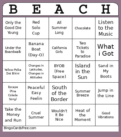 Beach Music Bingo Card