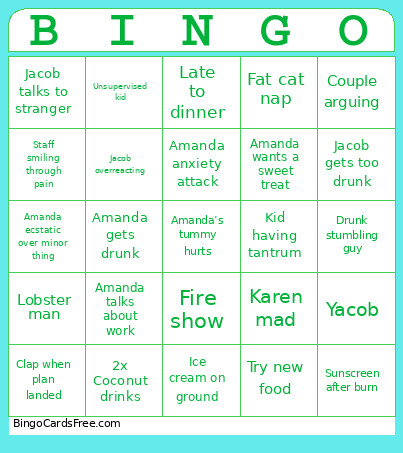Beach Vacation Bingo Card