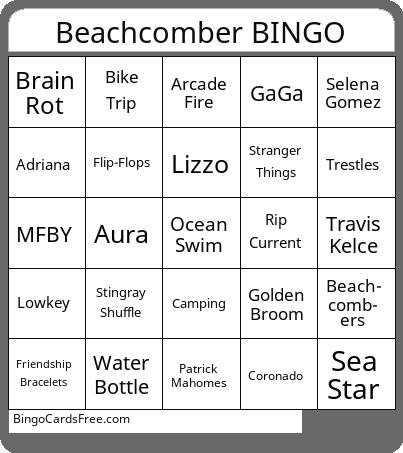 Beachcomber BINGO Cards Free Pdf Printable Game, Title: Beachcomber BINGO